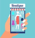 Online fashion store. Clothes shop app on mobile phone screen. Fashion shopping mobile retail vector concept Royalty Free Stock Photo