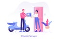 Online fast delivery or courier service concept. Young delivery man or courier delivering a package or box to happy woman with Royalty Free Stock Photo