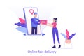 Online fast delivery service concept. Young delivery man or courier popping from huge smartphone screen and delivering a package Royalty Free Stock Photo