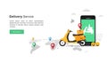 Online fast delivery services concept with smartphone. courier illustration with yellow scooter and colorful navigation on map