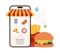 Online fast food order and delivery, catering service mobile app to buy takeaway food Royalty Free Stock Photo