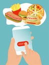 Online fast food order, internet shopping foodstuff, hand hold mobile phone flat vector illustration. Modern social