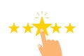 Online feedback reputation quality customer review concept flat style. Businessman hand finger pointing five gold star rating. Royalty Free Stock Photo