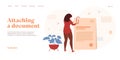 Online file attachment concept in flat vector design. Woman attaches document or note in email. Web banner layout template