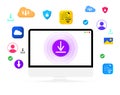 Online file downloading concept infographics in colorful shapes with Computer screen in the center. Internet downloading concept,