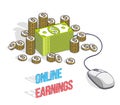 Online finance concept, web payments, internet earnings, online banking, cash money stacks with computer mouse connected to piles Royalty Free Stock Photo