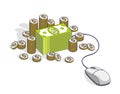 Online finance concept, web payments, internet earnings, online banking, cash money stacks with computer mouse connected to piles Royalty Free Stock Photo