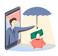 Online finance insurance, protection by smart phone. Man from mobile device holds umbrella over piggy bank with dollar