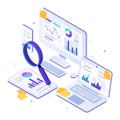 Online financial audit. Isometric website metrics, statistical graphs dashboards and web seo research vector Royalty Free Stock Photo