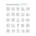 Online fitness apps possibilities linear icons set.