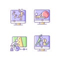 Online fitness athletic trainings RGB color icons set.