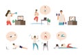Online fitness concept. Work out via monitor, laptop, tablet. Vector illustration of a people relaxing in their home