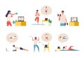 Online fitness concept. Work out via monitor, laptop, tablet. Vector illustration of a people relaxing in their home