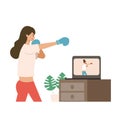 Online fitness concept. Work out via monitor, laptop, tablet. Vector illustration of a woman doing boxercise in her home