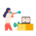 Online fitness concept. Work out via monitor, laptop, tablet. Vector illustration of a woman doing boxercise in her home