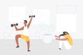 Online fitness at home. Sport exercising vector people