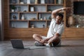 Online Fitness. Young Black Man Training In Front Of Laptop At Home Royalty Free Stock Photo