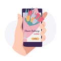 Online flower delivery business. Hands holding smart phone and ordering bouquet. Vector cartoon Illustration