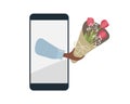 Online flower ordering, delivery. Human hand holds Tulip bouquet on phone screen. Flowers for birthday, valentine& x27;s day