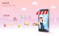 Online food and bakery delivery concept. Woman chef holding cup cakes and bakery tray on smartphone screen with spreading of