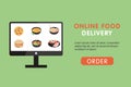 Online food delivery banner design. Order food online using computer. Vector flat cartoon illustration Royalty Free Stock Photo