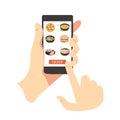 Online food delivery business. Hands holding smart phone and choosing restaurant for lunch. Vector flat illustration Royalty Free Stock Photo