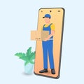 Online food delivery design. Young courier delivering box order. Cartoon vector illustration