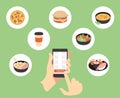 Online food delivery. Hands holding smart phone and choosing restaurant for lunch. Vector flat cartoon illustration Royalty Free Stock Photo