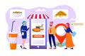 Online food order in business mobile app, shop technology vector illustration. People man woman use delivery service