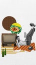 Creative collage in retro style. Funny guy sitting at home with phone near TV set. Concept of home business, freelancer