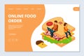 Online food order landing page template. Vector isometric sandwich and people illustration