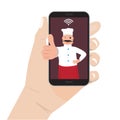 Online food order theme. Vector Chef cook man and phone