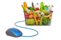 Online food ordering concept. Shopping basket full of products with computer mouse, 3D rendering Royalty Free Stock Photo