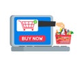 Online food ordering and internet shopping hand with grocery products basket and laptop vector Royalty Free Stock Photo