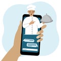 Online food shopping on mobile phone or fast food delivery order. The cook holds a tray with a lid or a plate with a Royalty Free Stock Photo