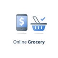 Online food shopping and order delivery, grocery basket symbol and mobile phone, dollar sign on screen, e-commerce concept