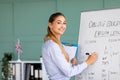 Online foreign languages school. Cheerful teacher writing on blackboard, teaching English on web Royalty Free Stock Photo