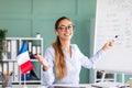 Online foreign languages tutoring. Happy teacher giving French class, pointing at blackboard with basic grammar rules Royalty Free Stock Photo