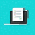 Online form survey on laptop vector illustration, flat cartoon design computer showing long quiz exam paper sheet