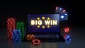 Online Gambling Big Win Concept With Glowing Neon Lights, Poker Cards and Poker Chips Isolated On The Black Background - 3D Illust Royalty Free Stock Photo