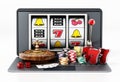 Online gambling concept. Roulette table, playing cards, casino chips standing on laptop computer. 3D illustration Royalty Free Stock Photo