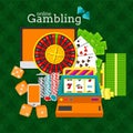 Online gambling vector illustration. Slot machine, roulette, desktop, phone, stacks of money, poker chips and dice cubes