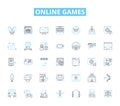 Online games linear icons set. Gaming, Multiplayer, Virtual, Adventure, Action, Strategy, Simulation line vector and