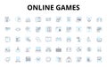 Online games linear icons set. Gaming, Multiplayer, Virtual, Adventure, Action, Strategy, Simulation vector symbols and