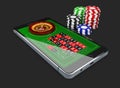 Online games web with phone casino roulette wheel isolated on black. Online play concept. 3d Illustration Royalty Free Stock Photo