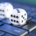 Online gaming platform, casino and gambling business. Dice on laptop keyboard on green background