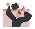 Online Graduation Ceremony Concept With Boy Bachelor Character Proudly Holding Diploma and Throwing Hat Royalty Free Stock Photo