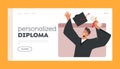 Online Graduation Ceremony Landing Page Template. Boy Bachelor Character Proudly Holding Diploma and Throwing Hat Royalty Free Stock Photo