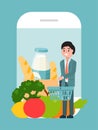 Online grocery food delivery service, cheerfully character male hold supermarket basket flat vector illustration