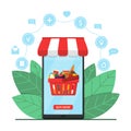 Online Grocery Shopping Concept. Product cart in smartphone and icons. E-commerce online store. Ordering food by smartphone app. Royalty Free Stock Photo